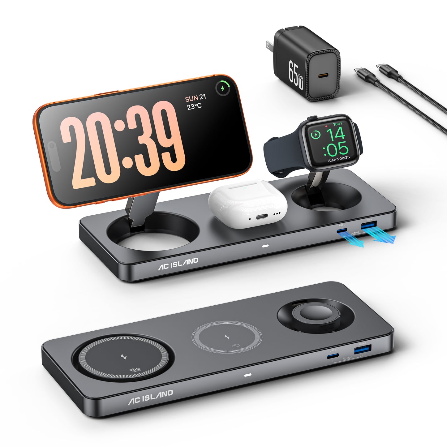 AC ISLAND 5-in-1 Qi2.2 Wireless Charger for MagSafe, 25W Foldable Magnetic Stand, Travel Charging Station for iPhone 17-12 & Air Series, Apple Watch, AirPods, with 65W GaN Adapter