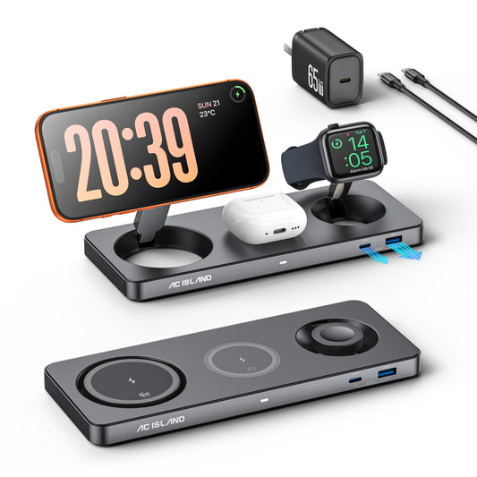 AC ISLAND 5-in-1 Qi2.2 Wireless Charger for MagSafe, 25W Foldable Magnetic Stand, Travel Charging Station for iPhone 17-12 & Air Series, Apple Watch, AirPods, with 65W GaN Adapter