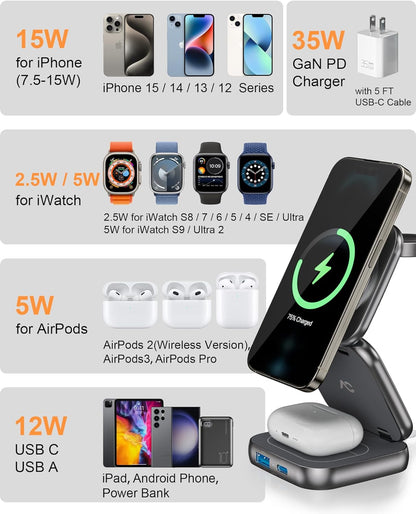 Cargador inalámbrico W7 Flip 5 en 1 para Magsafe, con adaptador de 35W